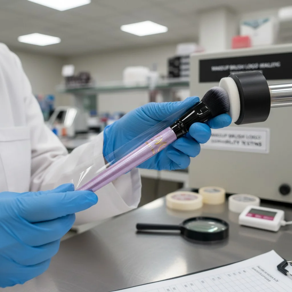A quality control technician performing a tape test and an abrasion rub test on a printed makeup brush handle.