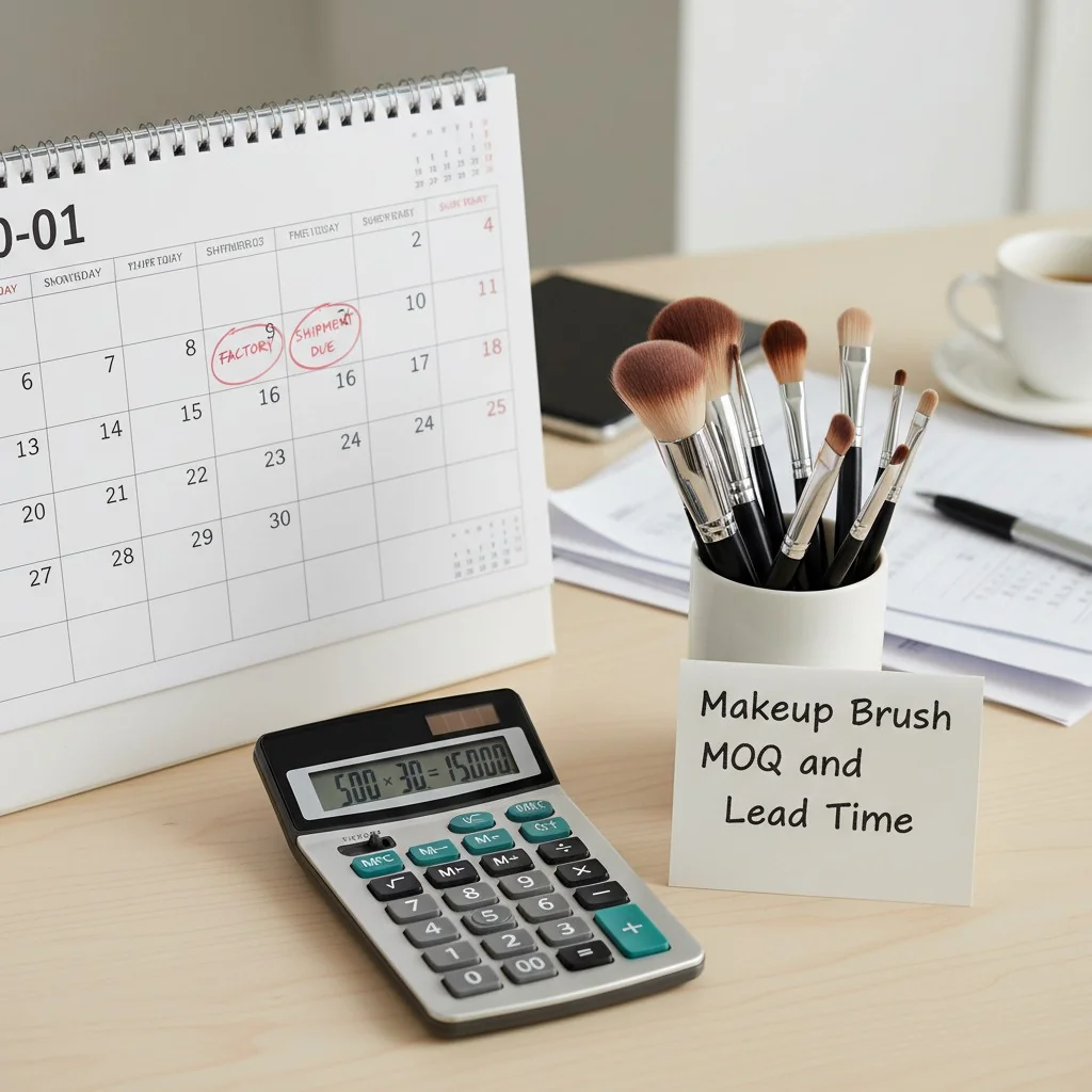 A calendar and a calculator next to a small stack of makeup brushes, representing planning for MOQ and lead times.