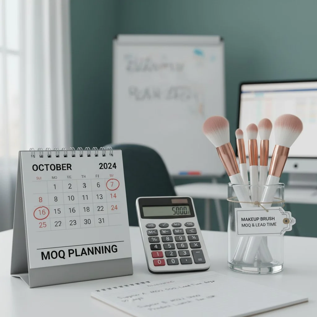 A calendar and calculator next to a makeup brush set, representing planning for MOQ and lead times.