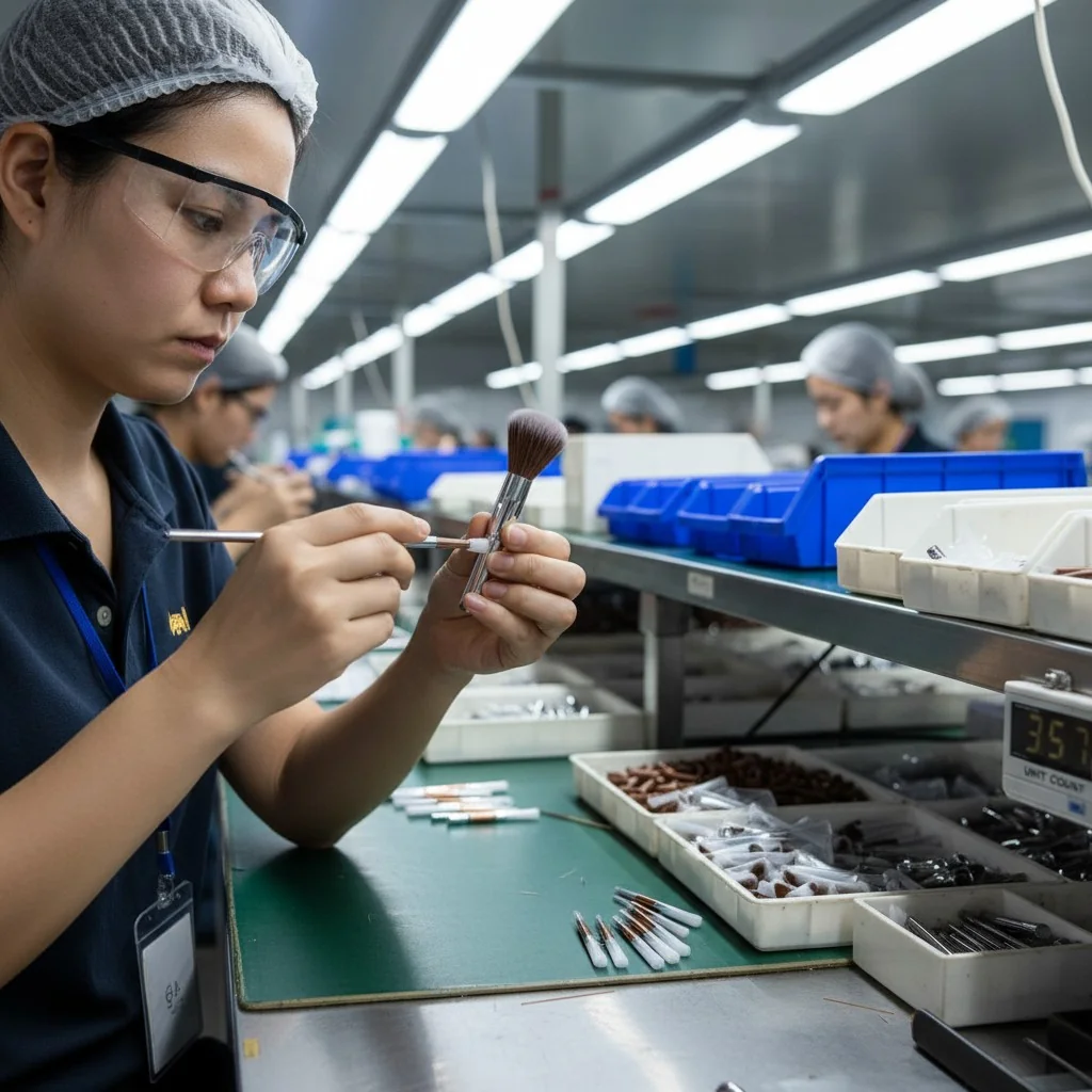 A factory worker carefully assembling a makeup brush head