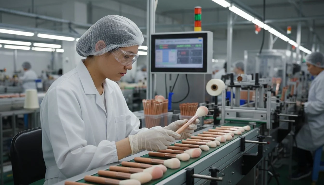 A photo of a factory worker inspecting makeup brushes on a production line