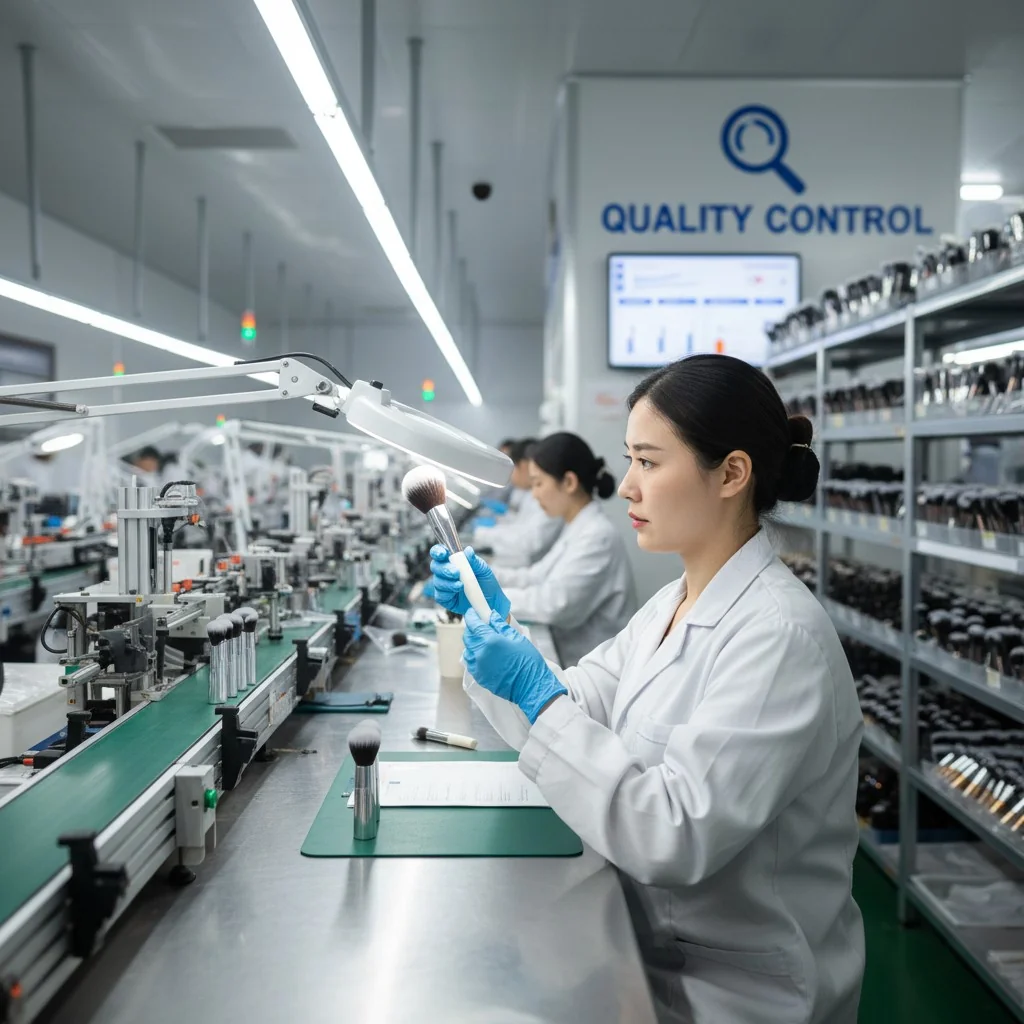A quality control inspector examining a makeup brush in a factory setting