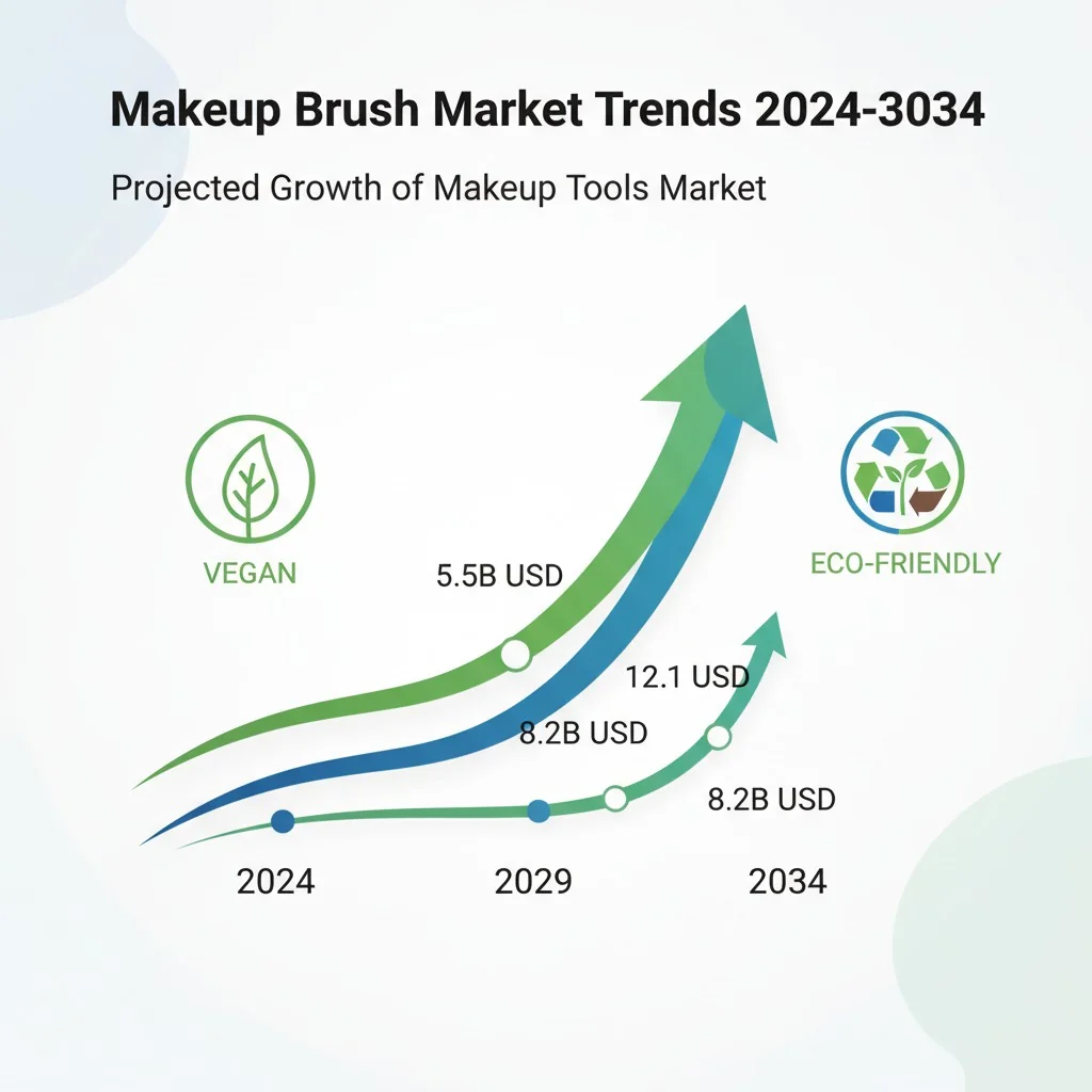 A graphic chart showing the projected growth of the makeup tools market with an arrow pointing up, and icons for 'vegan' and 'eco-friendly'.