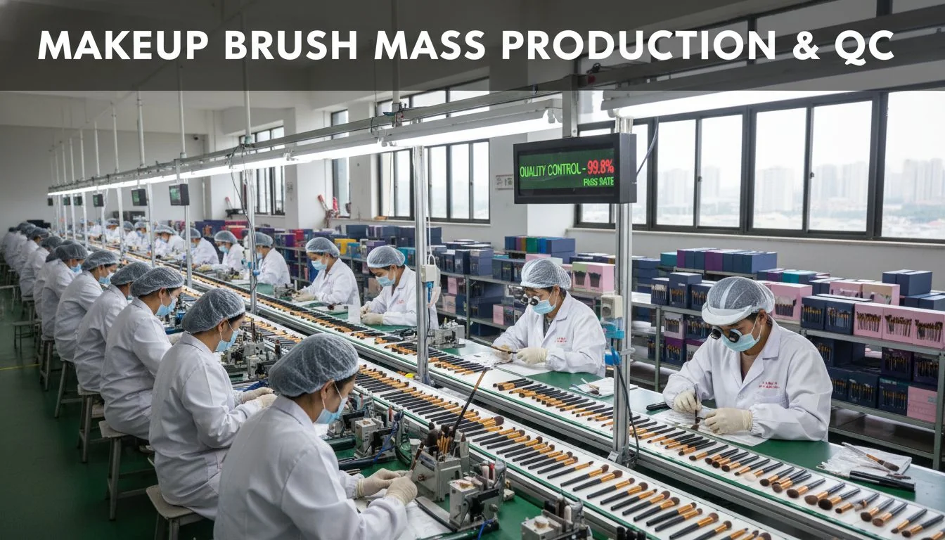 A factory production line assembling and inspecting makeup brushes.