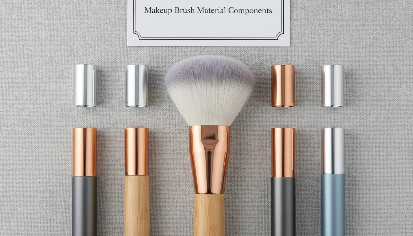 A flat lay of makeup brush components: PBT bristles, aluminum and copper ferrules, and wood and recycled aluminum handles.