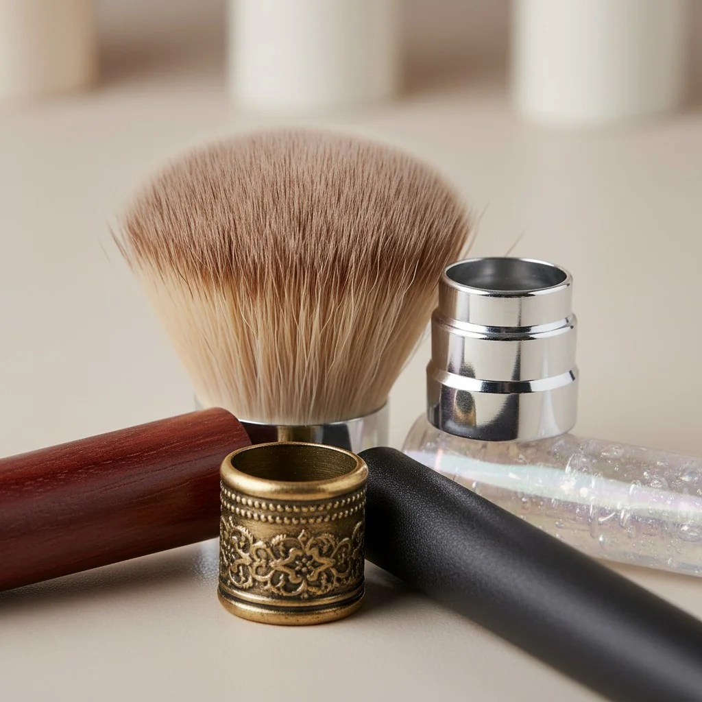 Close-up shot showing the different textures of makeup brush materials, including bristles, ferrules, and handles