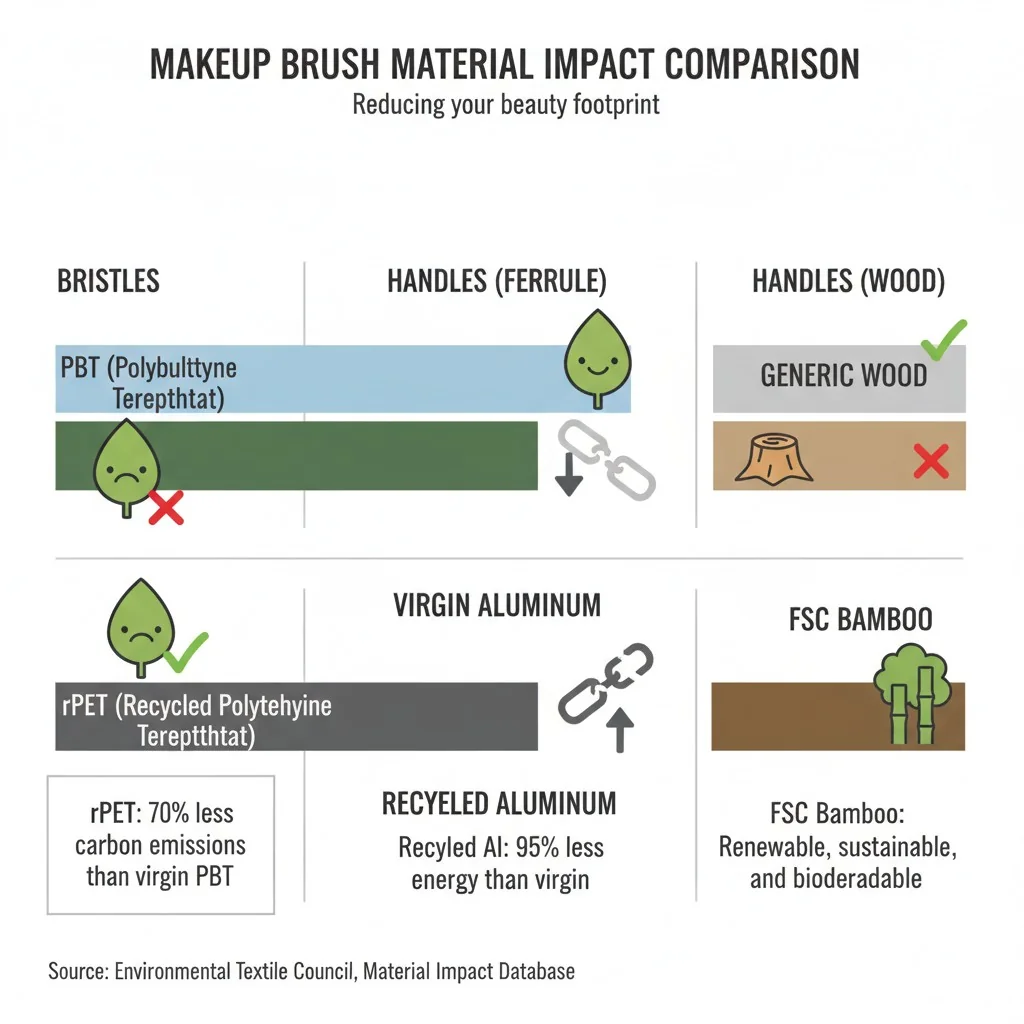 An infographic comparing the environmental impact of different brush materials: PBT vs. rPET bristles, virgin vs. recycled aluminum, and generic wood vs. FSC bamboo.