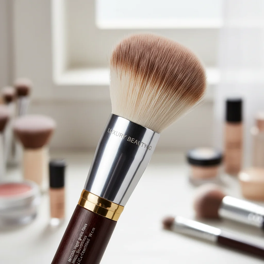 A close-up shot showing the detail of makeup brush fibers, the ferrule, and the handle.