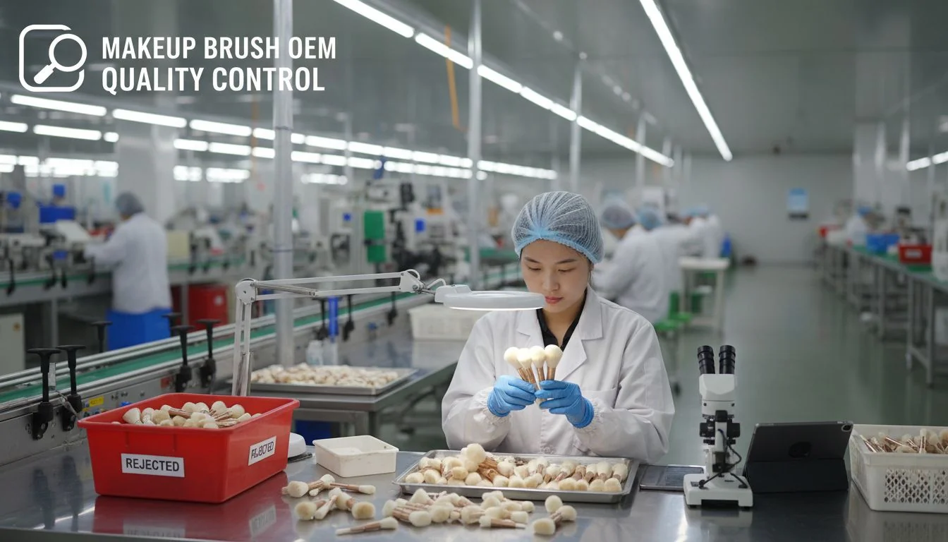 A factory worker inspecting makeup brush heads for quality control