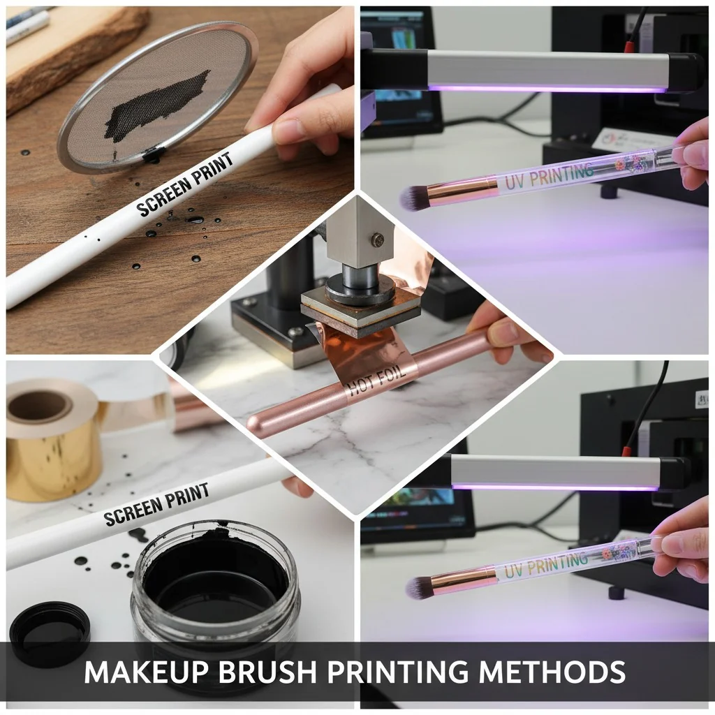 A collage of different printing methods being applied to makeup brush handles: screen printing, hot foil stamping, and UV printing.