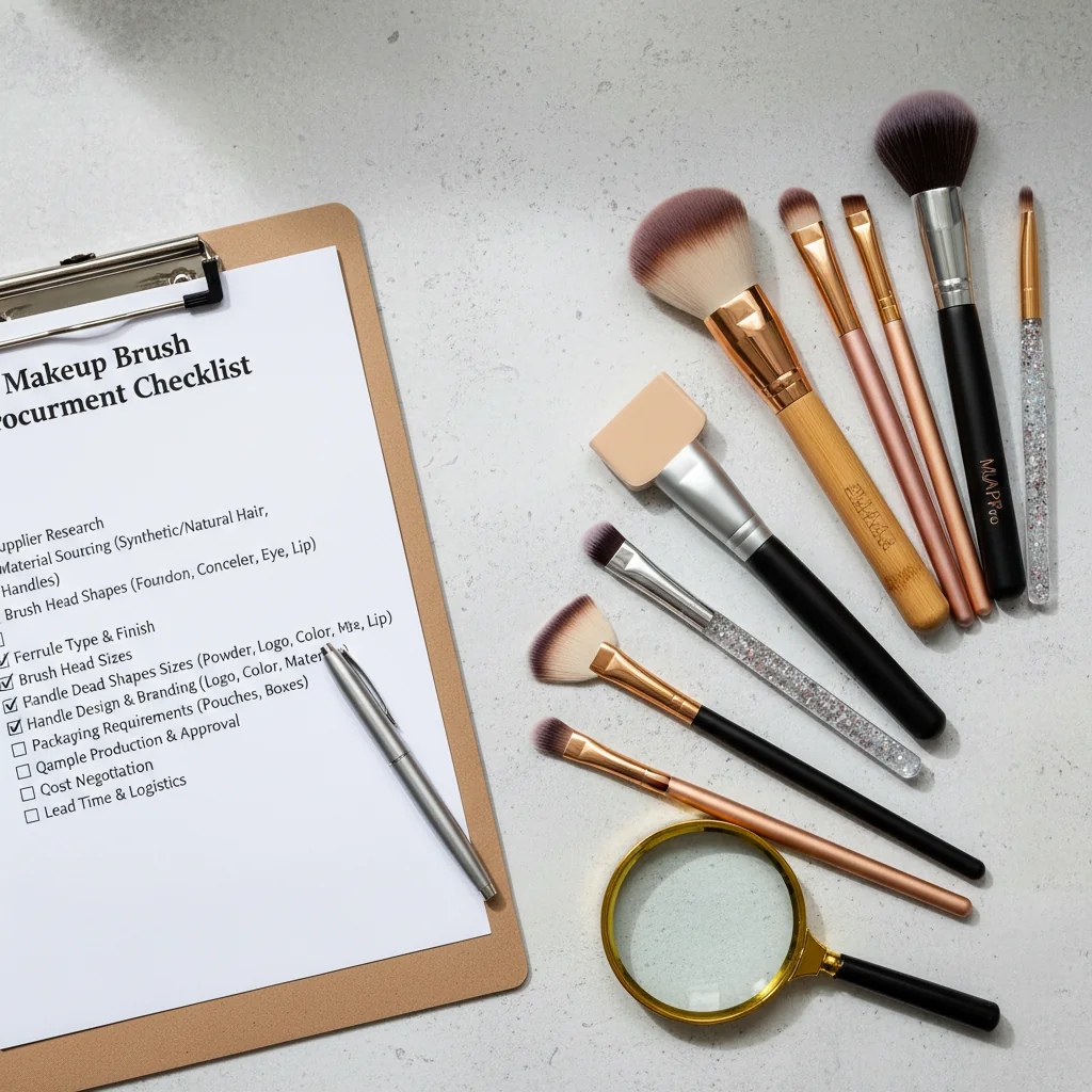A sourcing manager's checklist next to a set of custom makeup brush samples.