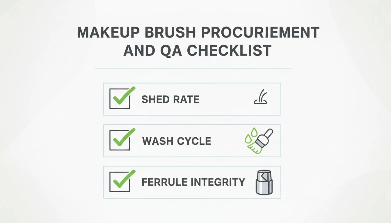 A checklist graphic showing QA tests: shed rate, wash cycle, ferrule integrity.
