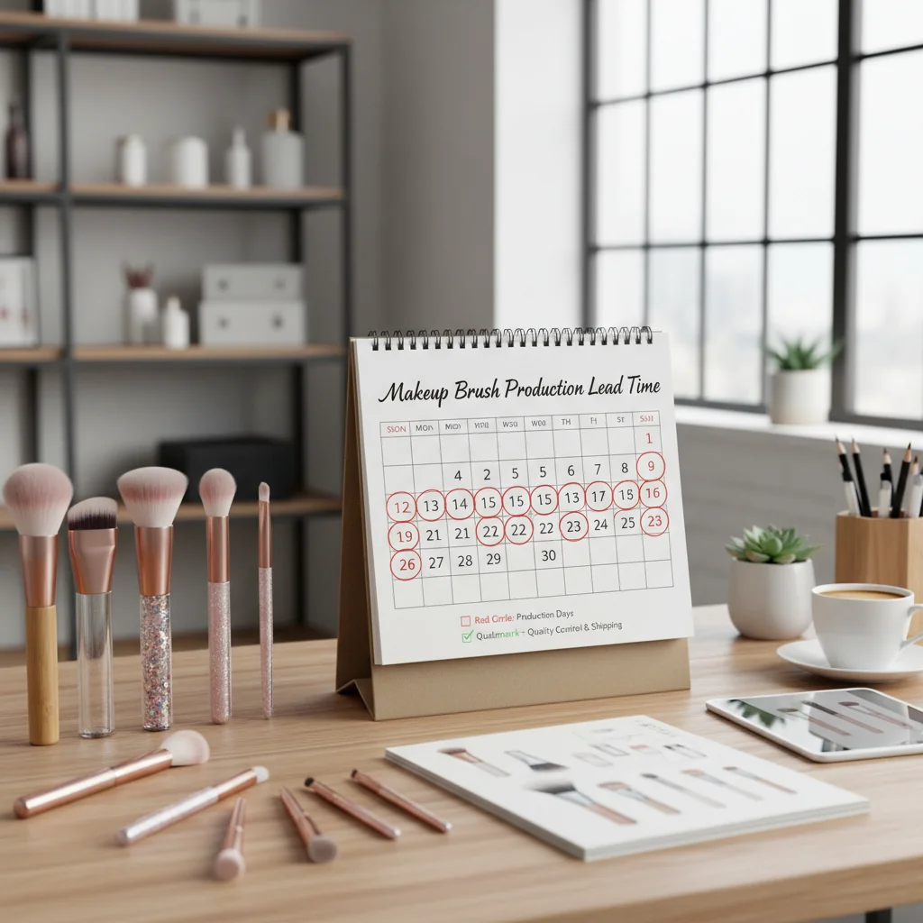 A calendar showing a 30-day production timeline for custom makeup brushes.