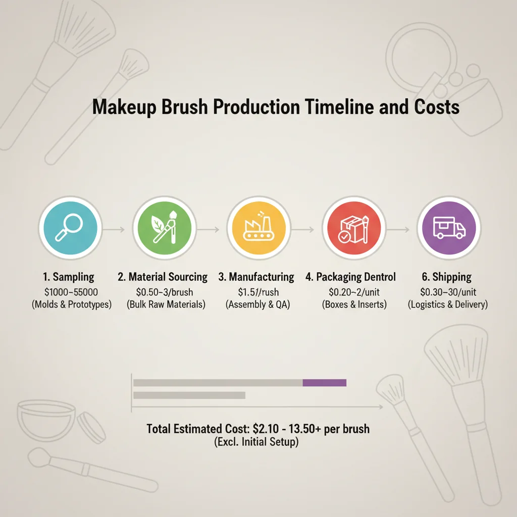 A timeline graphic showing the stages of makeup brush production from sampling to shipping.