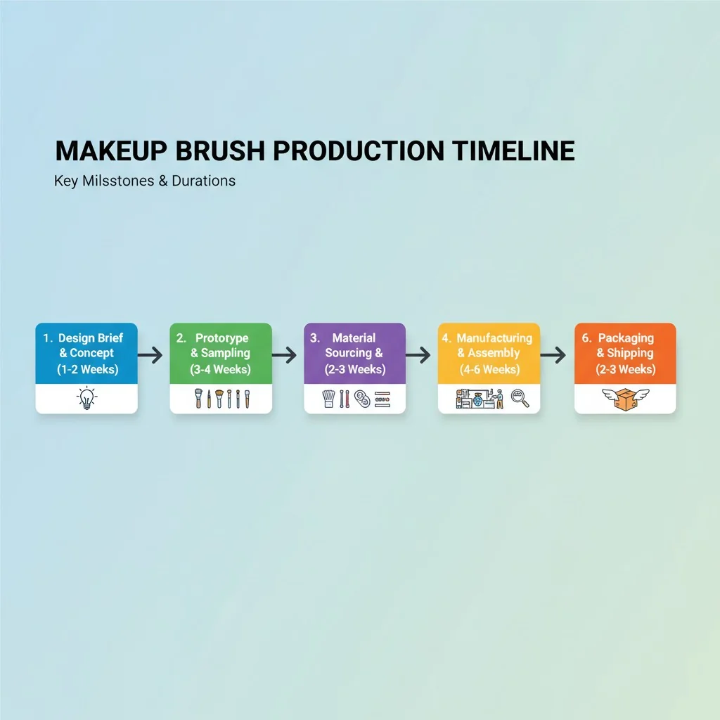An infographic showing a timeline from brush design brief to shipping, with key milestones and durations.