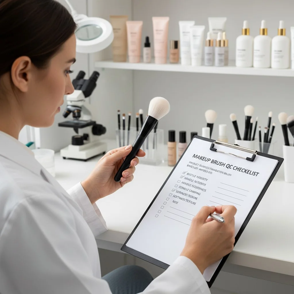 A person reviewing a quality control checklist with a makeup brush in hand.