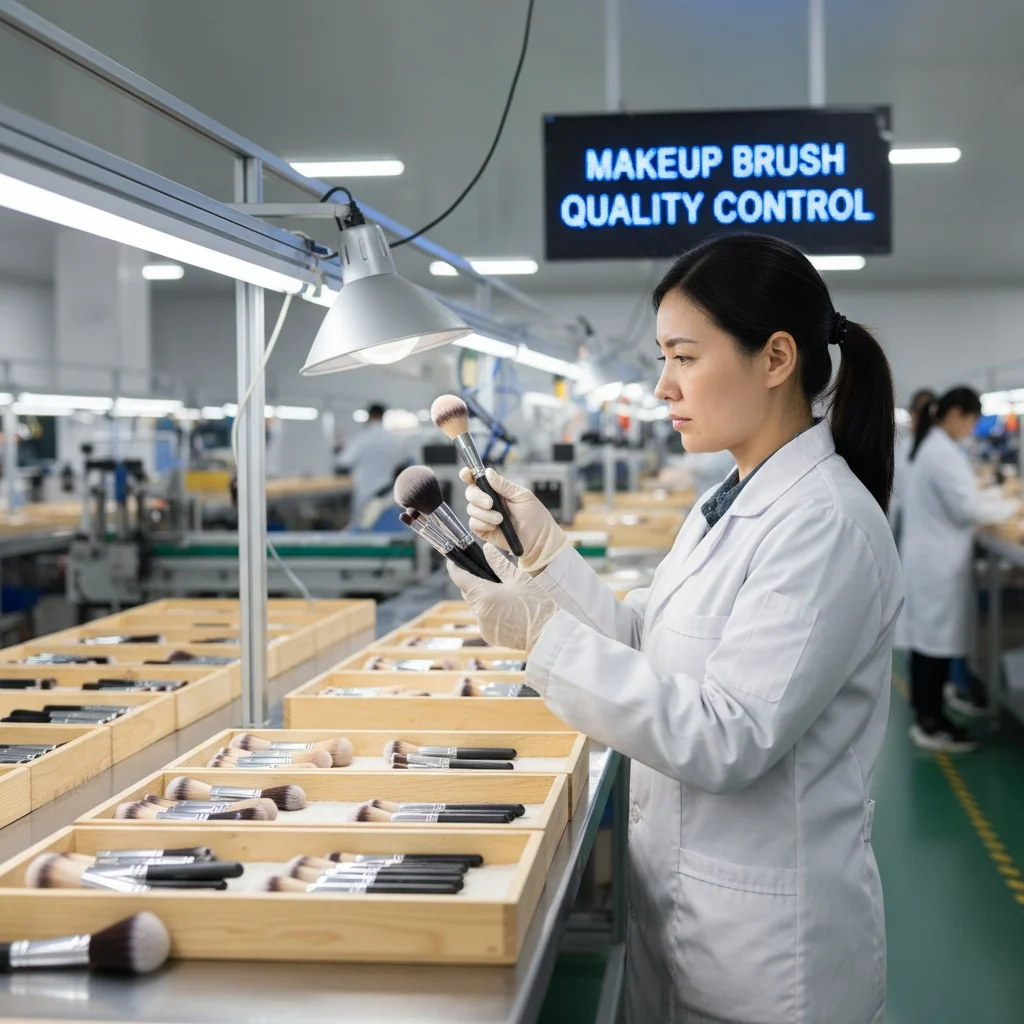 A quality control expert inspecting makeup brushes in a factory setting