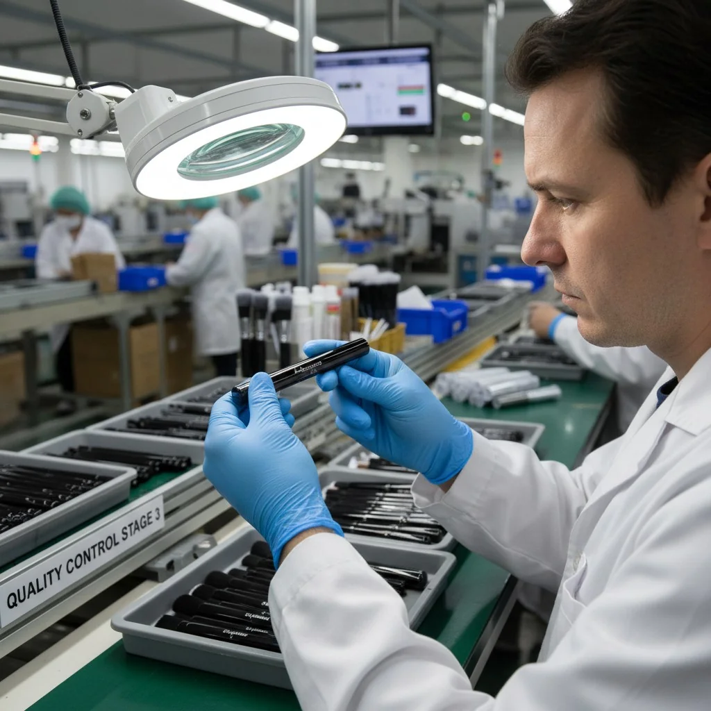 A person inspecting a makeup brush handle for quality control in a factory setting.
