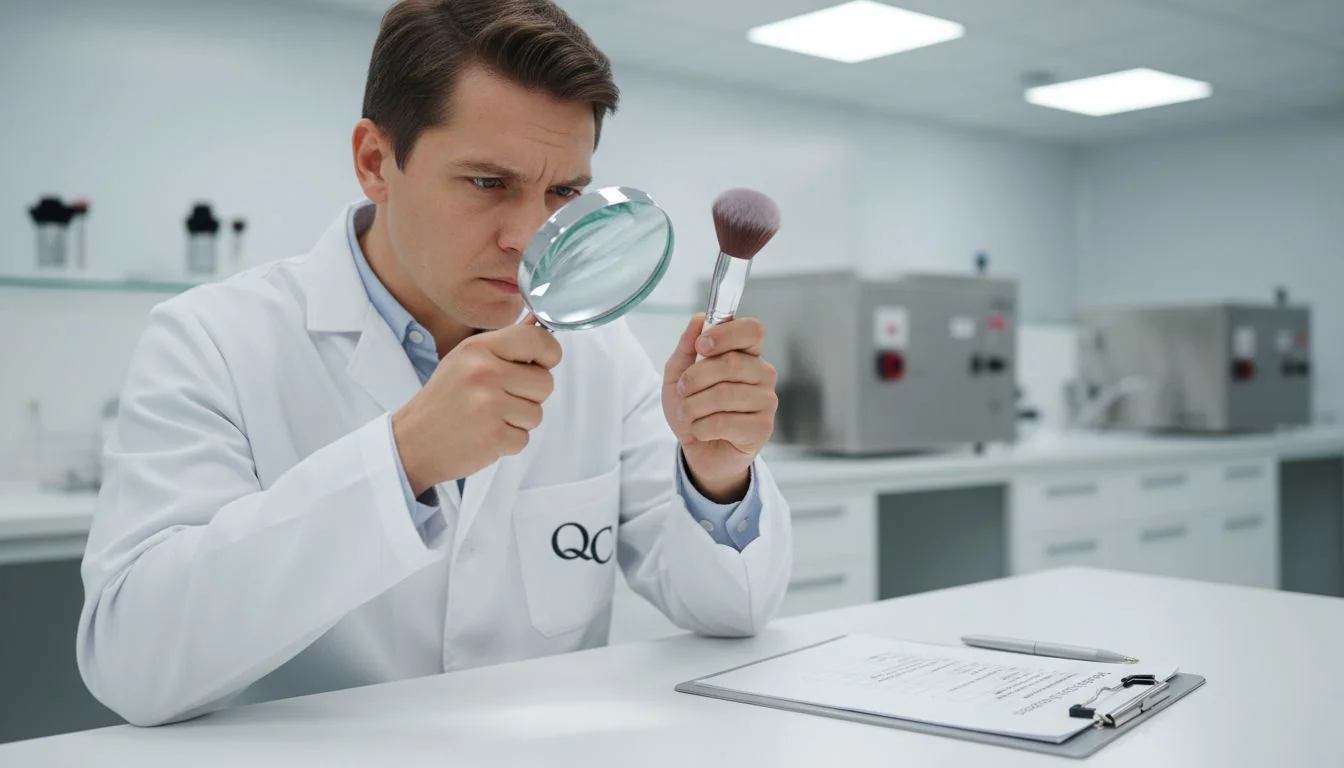 A person in a lab coat inspecting a makeup brush with a magnifying glass, with a checklist on a clipboard nearby.