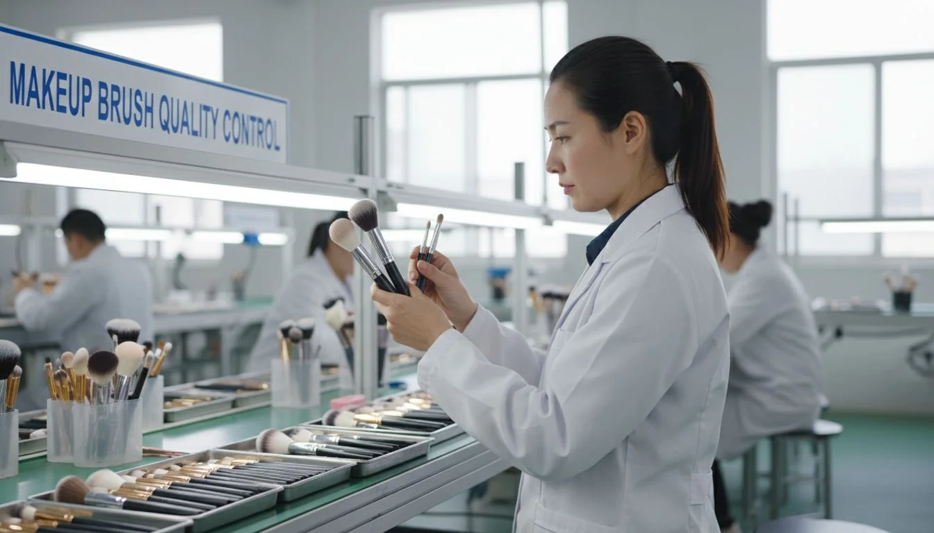 A quality control inspector checking makeup brushes on a production line