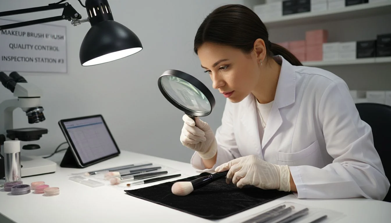 Makeup Brush Quality Control A quality control inspector examining a makeup brush with a magnifying glass