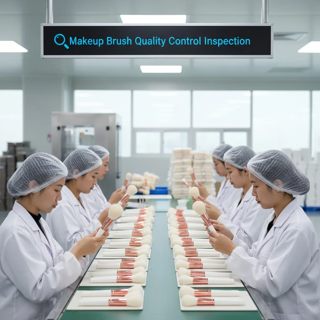 Image showing factory workers inspecting makeup brushes one by one on a production line.