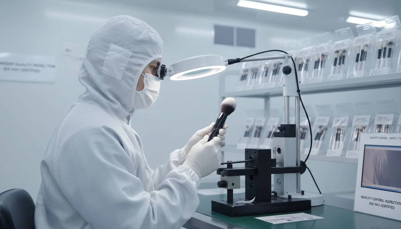 Makeup Brush Quality Control Inspection An image of a factory worker in a clean-room environment meticulously inspecting a makeup brush.