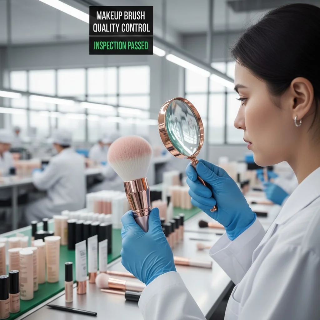 A quality control inspector in a factory examining a makeup brush with a magnifying glass.
