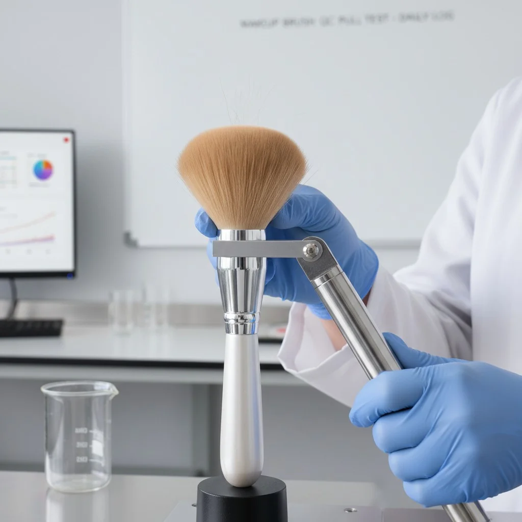 A quality control inspector performing a pull test on a makeup brush head with a specialized tool.