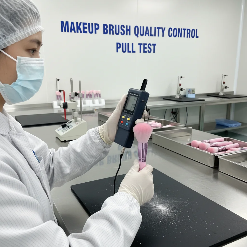 A factory worker in a clean environment using a tool to perform a pull test on a makeup brush.