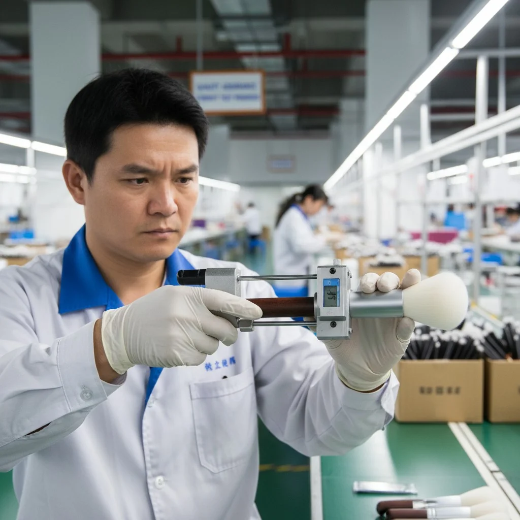 A quality control inspector in a factory setting, wearing gloves and using a tool to test the ferrule strength of a makeup brush.