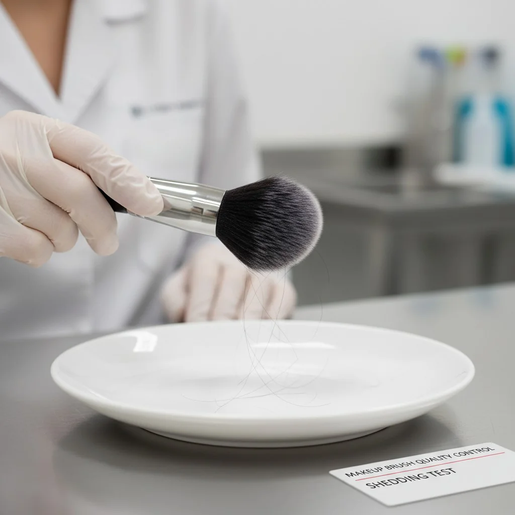 A close-up of a makeup brush being quality tested for shedding