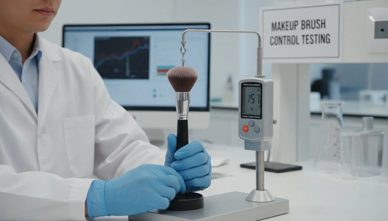 A lab technician in a white coat performing a pull test on a makeup brush with a digital force gauge.