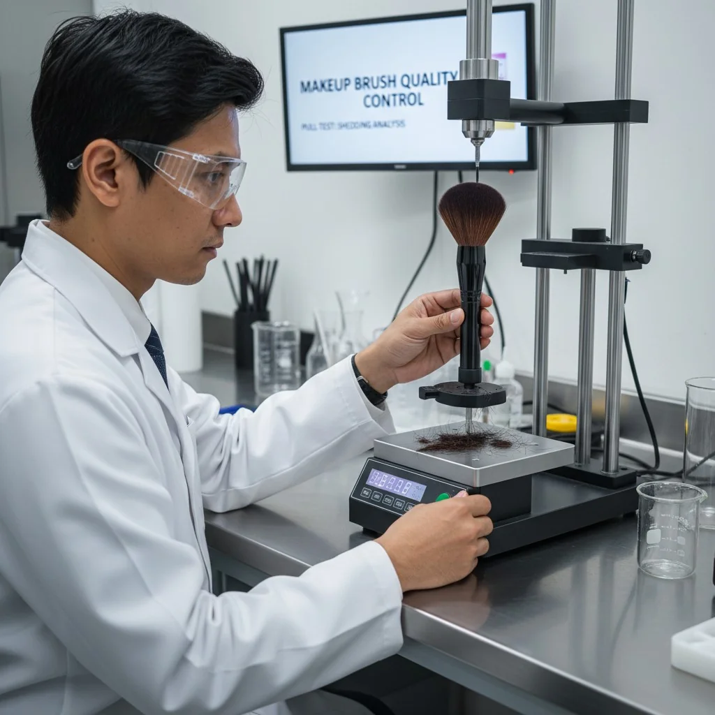 A lab technician using a machine to perform a pull test on a makeup brush head to check for shedding