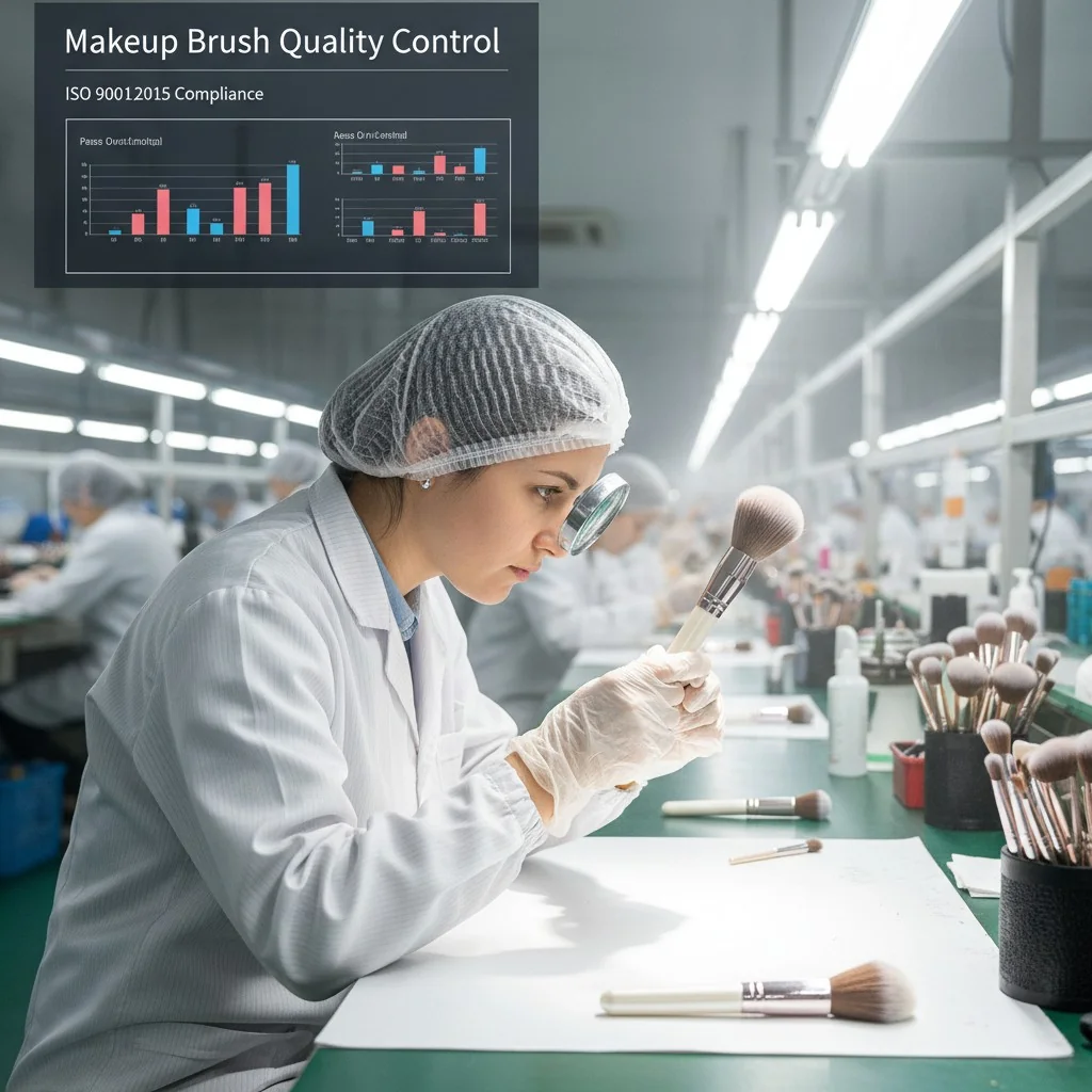 A quality control inspector examining a makeup brush for defects in a factory setting.