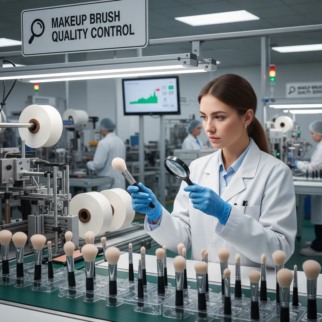 A quality control expert examining makeup brushes in a factory setting