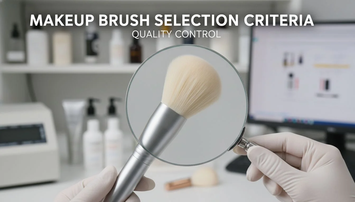 A person inspecting a makeup brush with a magnifying glass, symbolizing quality control