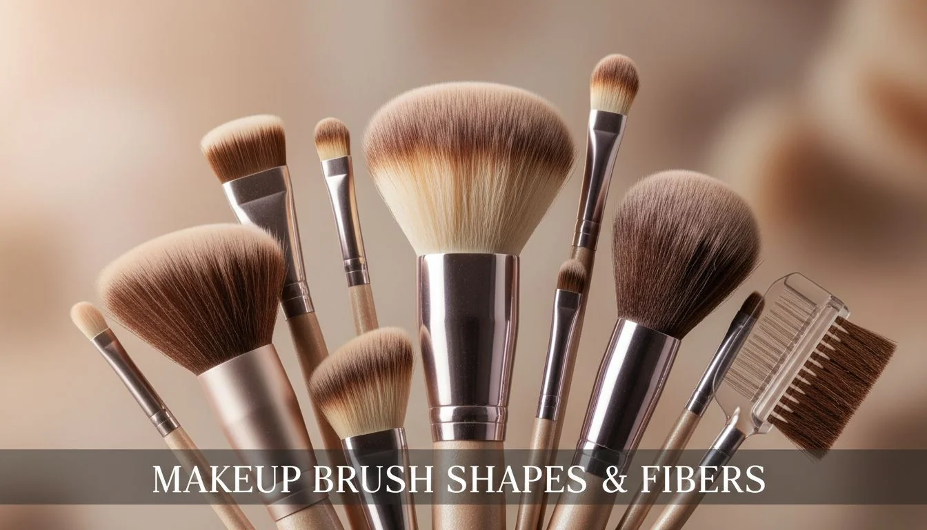 Makeup Brush Shapes and Fibers Close-up shot of different makeup brush heads showing various shapes and densities