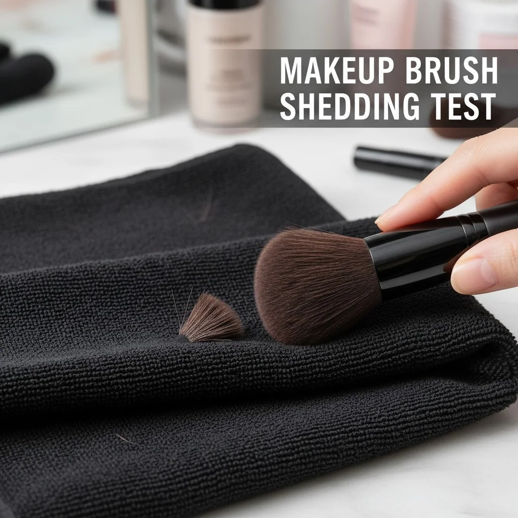 A hand stroking a makeup brush across a black microfiber towel to check for shedding bristles.