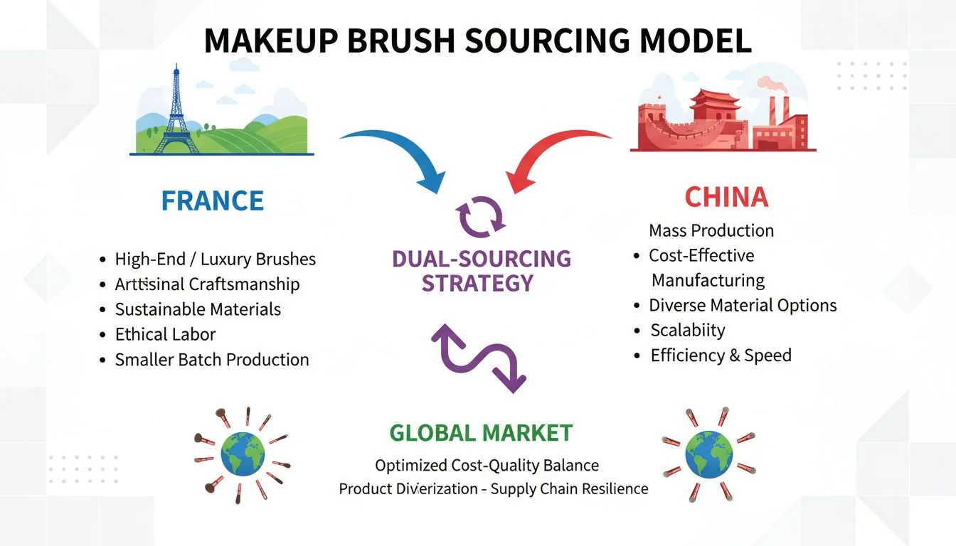 An infographic showing the dual-sourcing model of France and China for makeup brushes.
