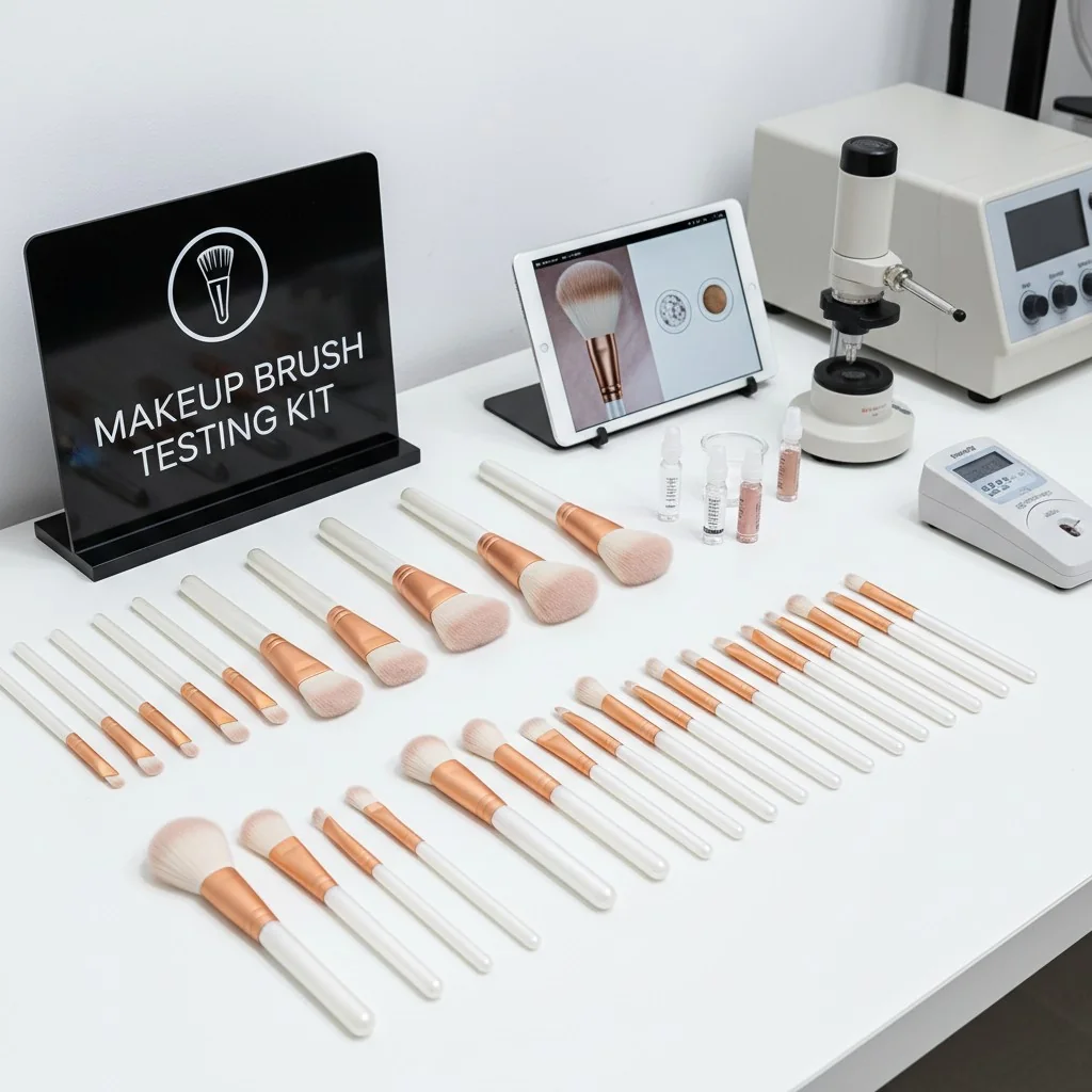 A collection of makeup brushes arranged neatly on a white table next to testing equipment.
