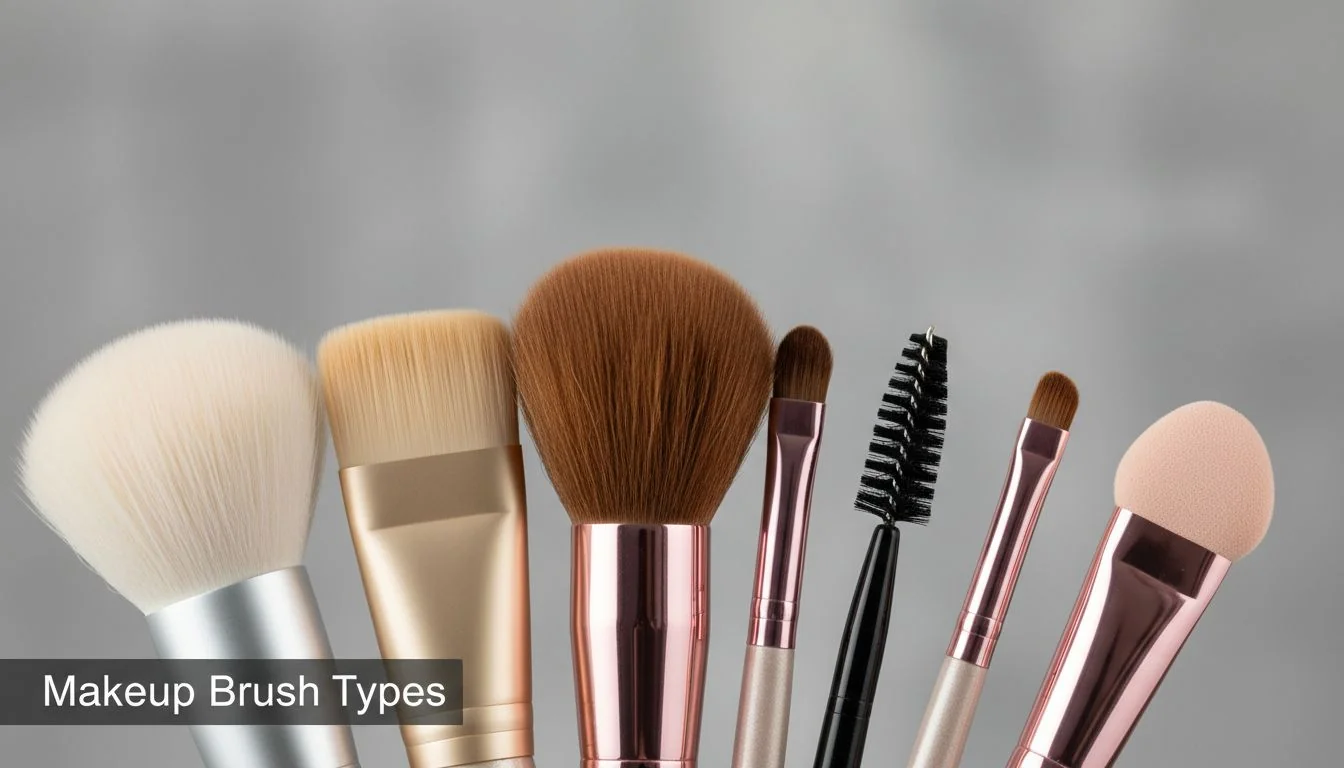 Close-up shot of different makeup brush heads showing various shapes and fiber types