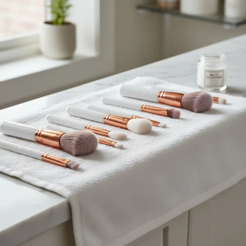 A row of clean makeup brushes laid flat on a towel at the edge of a counter, allowing air to circulate around the bristles.