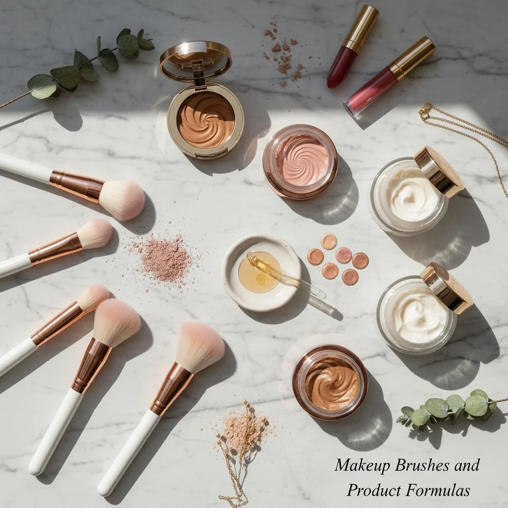 An elegant flat lay of makeup brushes, powders, and creams on a marble surface.