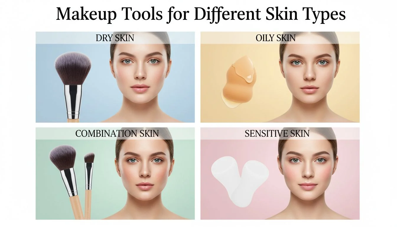 Four quadrants showing different skin types with their recommended makeup tool
