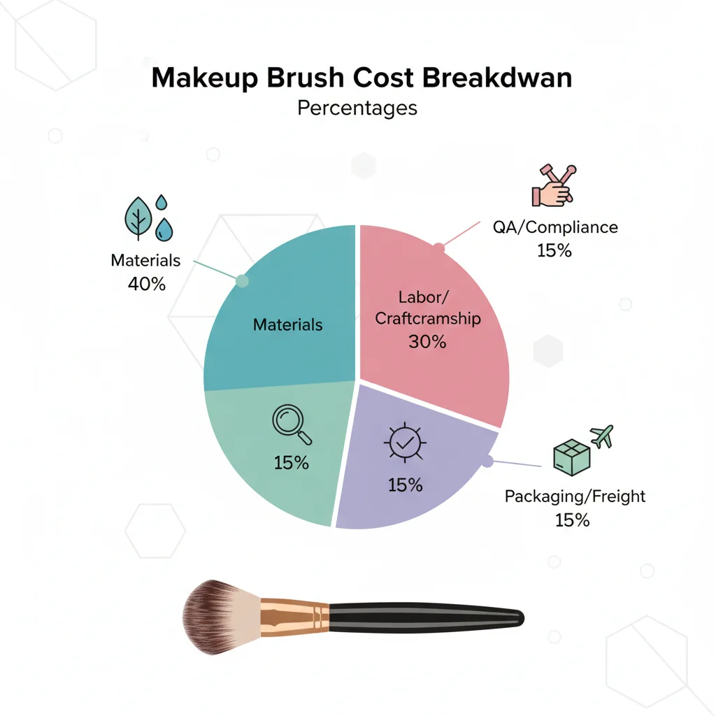 An infographic-style image breaking down the cost of a makeup brush into percentages: Materials (40%), Labor/Craftsmanship (30%), QA/Compliance (15%), Packaging/Freight (15%).