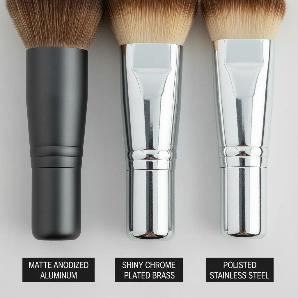 A side-by-side comparison of three makeup brush ferrules: one matte anodized aluminum, one shiny chrome-plated brass, and one polished stainless steel.