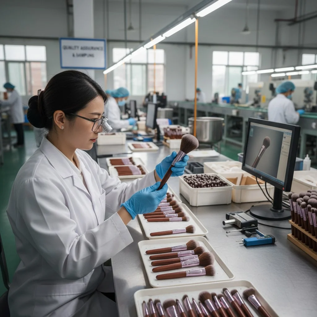 A person inspecting a makeup brush sample in a factory setting.