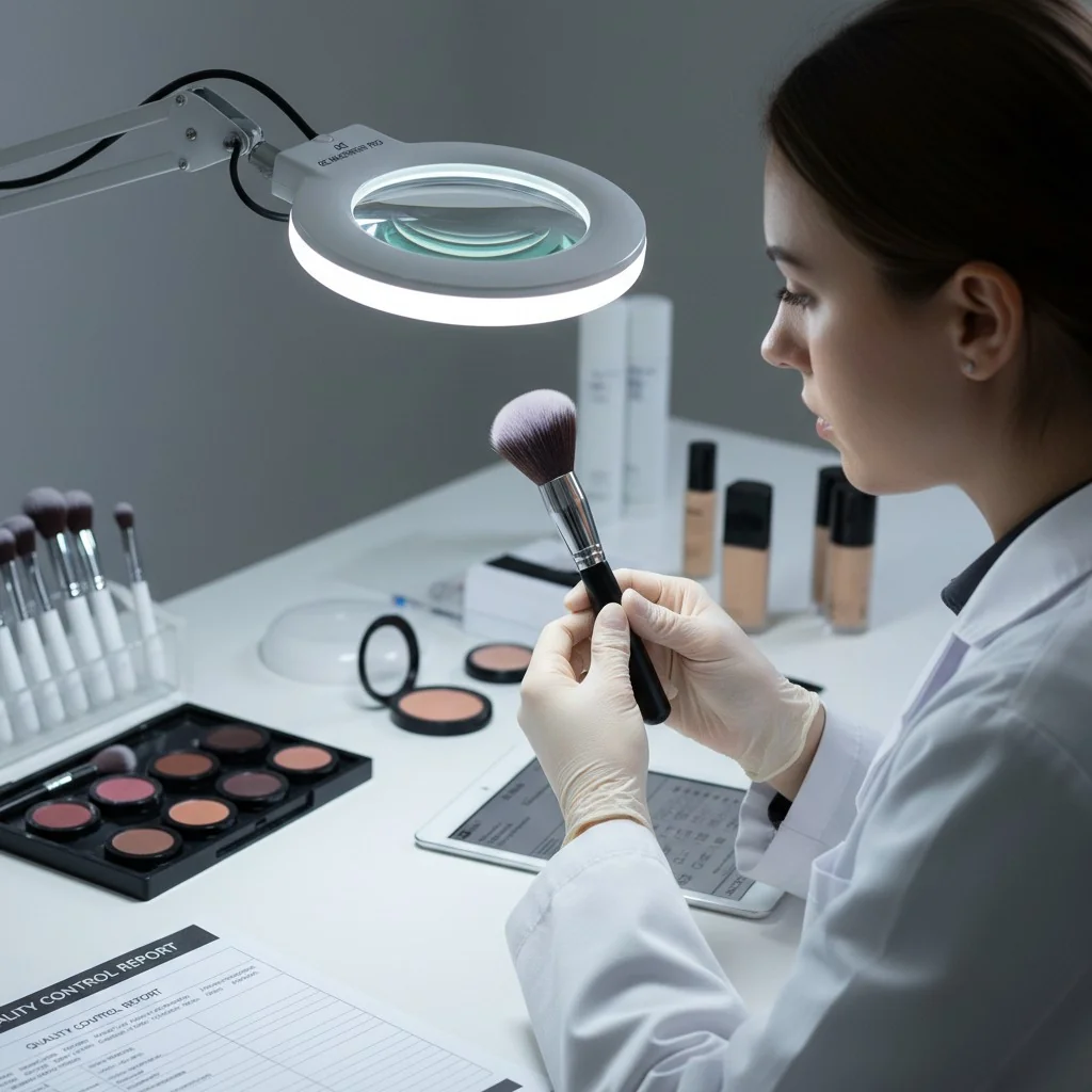 A quality control inspector examining a makeup brush under a magnifying lamp.