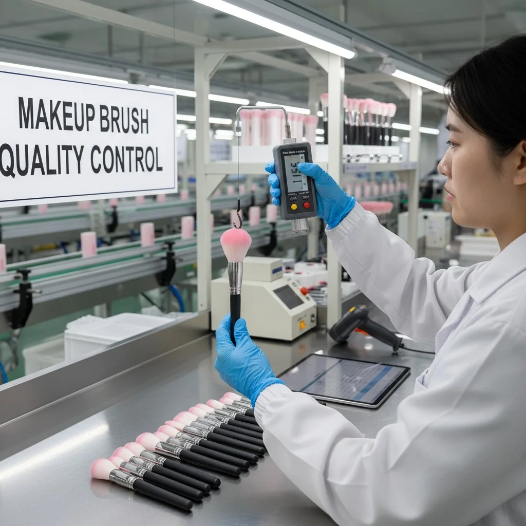 A factory quality control station with a worker using a digital force gauge to perform a pull-strength test on a makeup brush head.